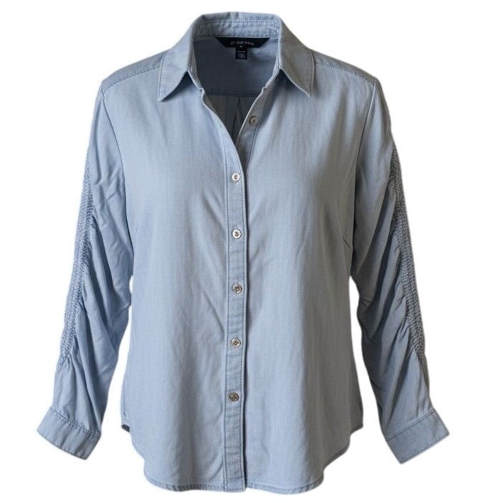 White House Black Market WHBM Blue Smocked Sleeve Denim Look Shirt Size 2 NEW - Picture 1 of 6